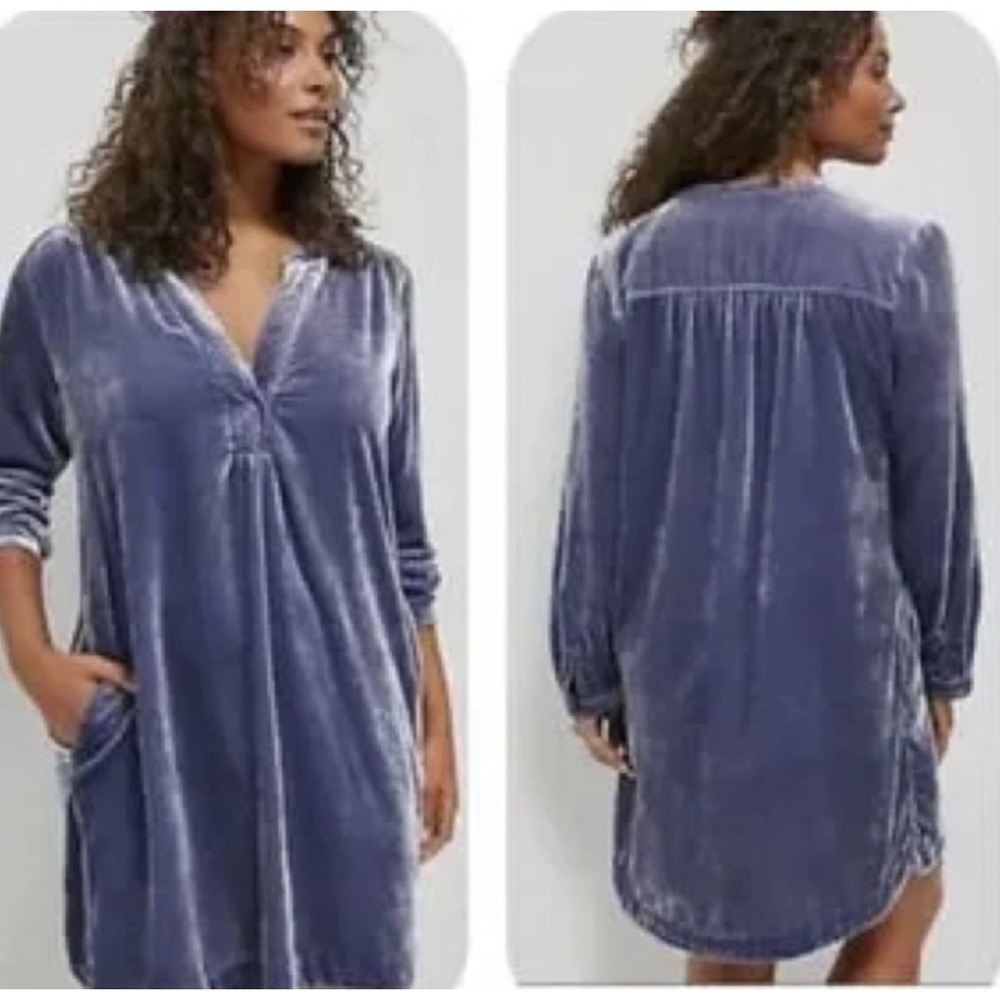 Anthropologie Melody Velvet‎ Tunic Dress Long Sleeve Pockets Size XS Slate Blue